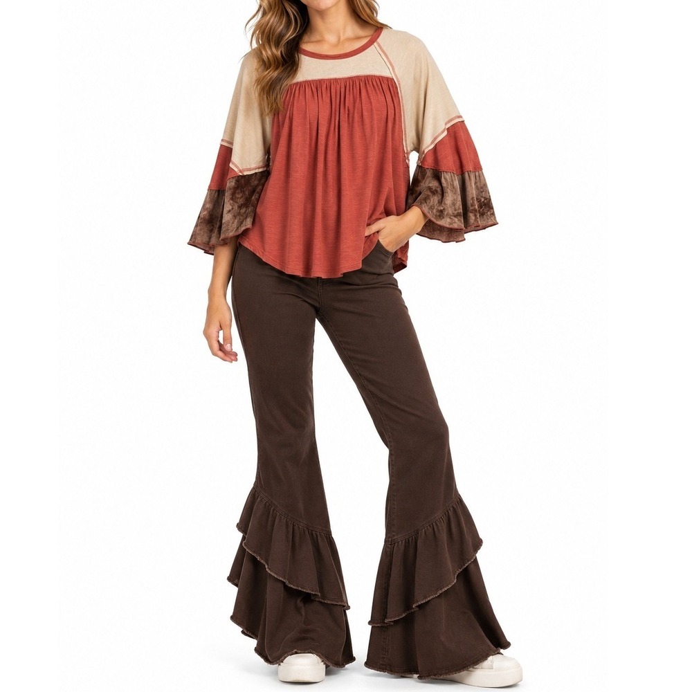 Rustic Rack Babydoll Top Women Size S Terracotta Boho Ruffle Sleeve